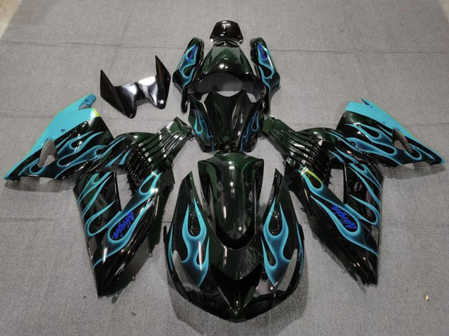 Compra Carenados Moto Kawasaki ZX14R 2006-2011 - Negro Brillante Azul Claro Llama
