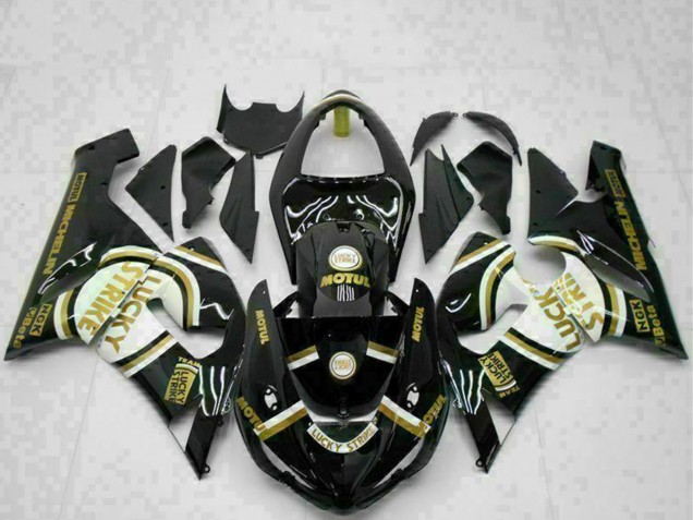 Compra Carenados Moto Kawasaki ZX6R 2005-2006 - Negro Brillante Blanco Oro Lucky Strike